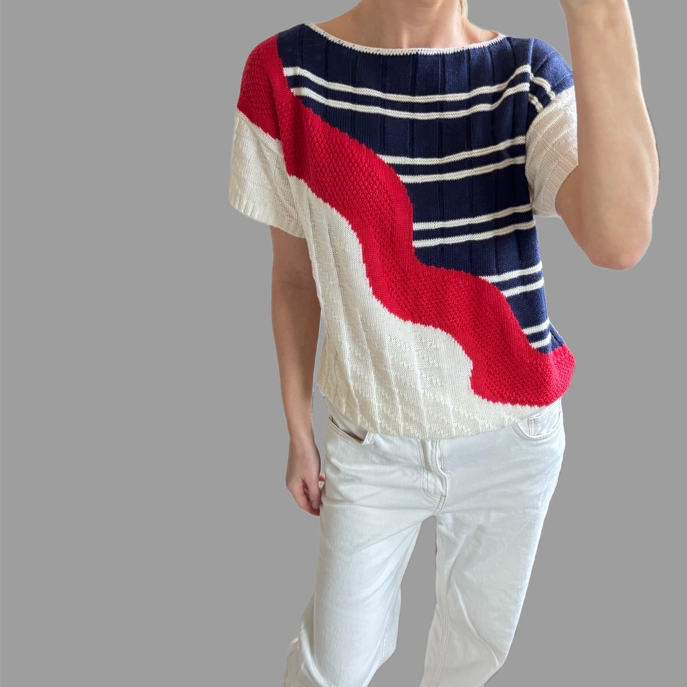 Vintage 80s Patriotic  Keneth Too Knit Sweater Top Women’s S  Striped Retro